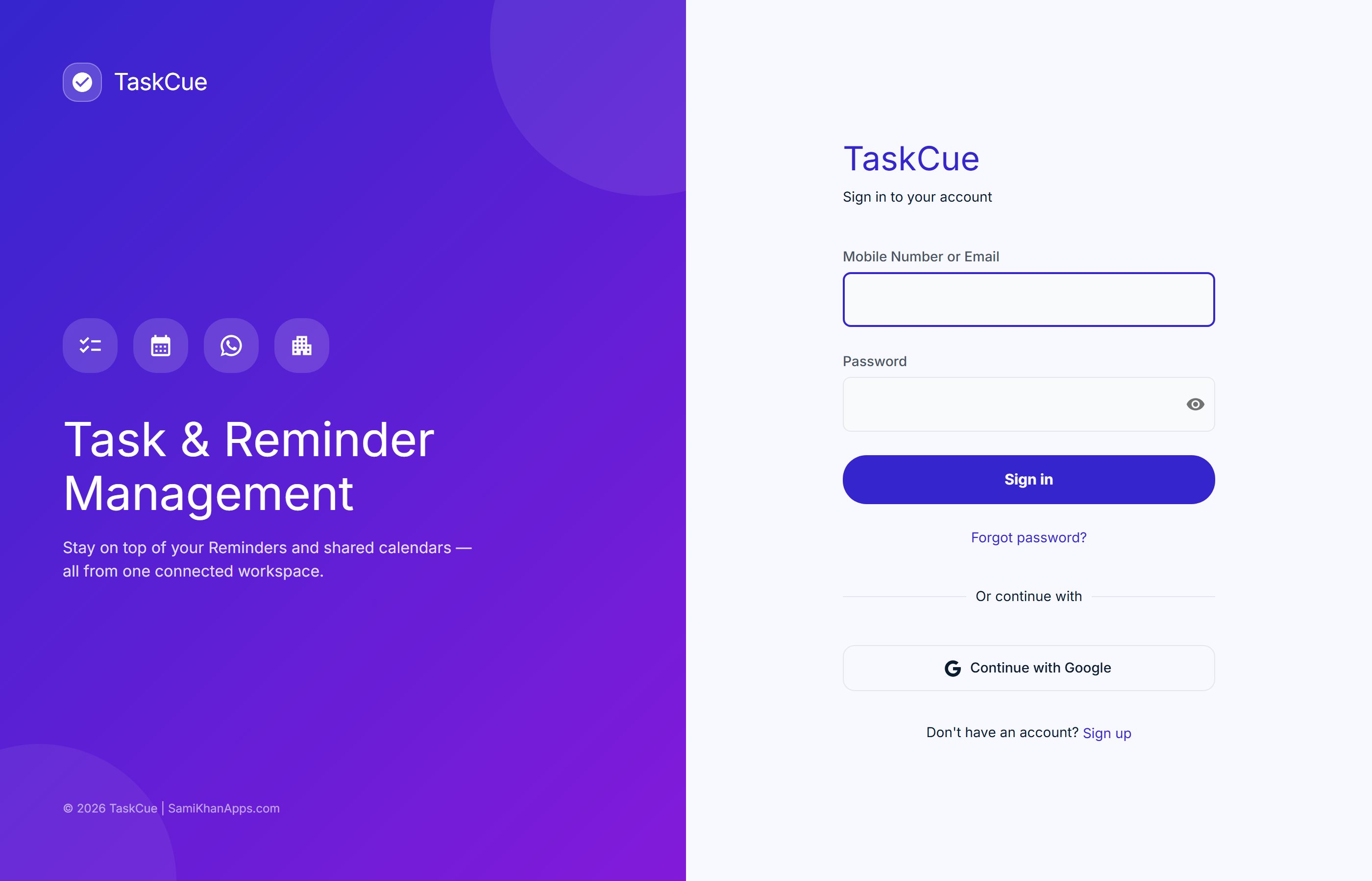 TaskCue sign-in screen